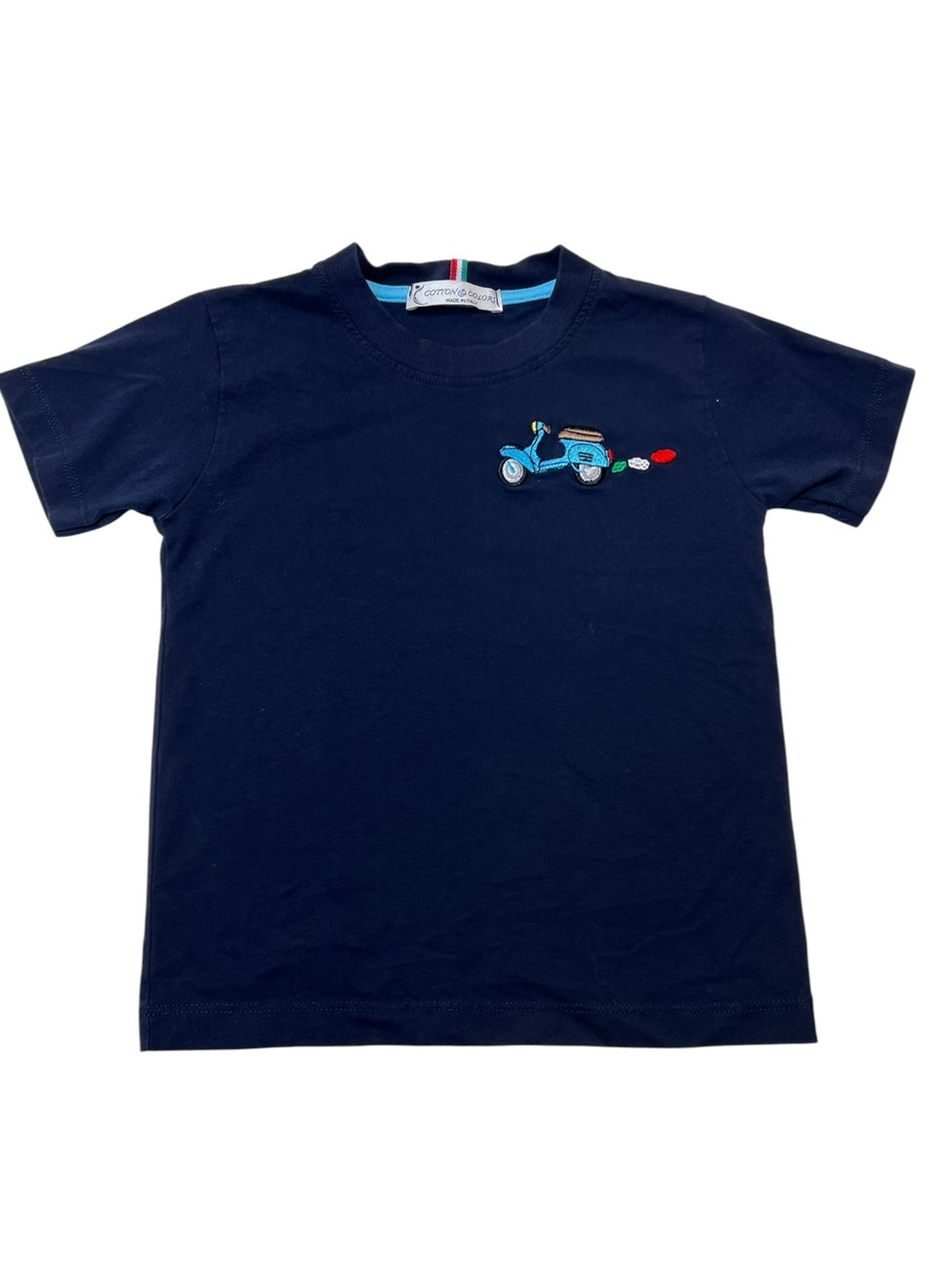 Cotton Colors Italian Navy Blue Kids Tee with Scooter Embroidery boys 4Y